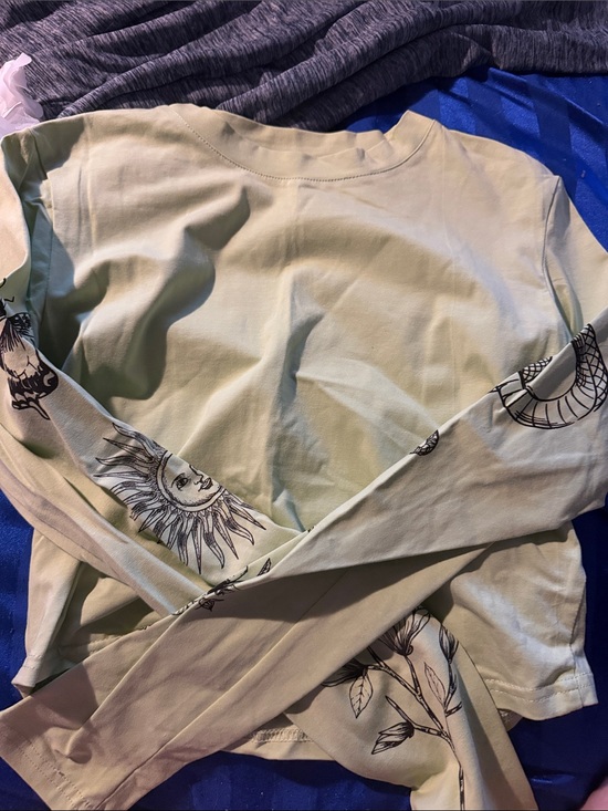 SHEIN Tops - SHEIN Light Sage Long Sleeve Graphic Tee with Celestial Sleeve Art